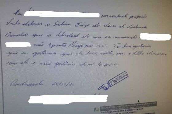 A carta assinada pela namorada do dentista