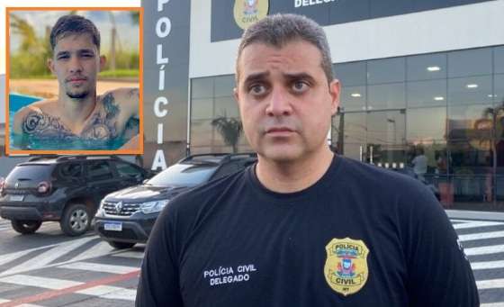 O delegado de Polícia Civil, Bruno França. No detalhe, a vítima, Anderson Filippi