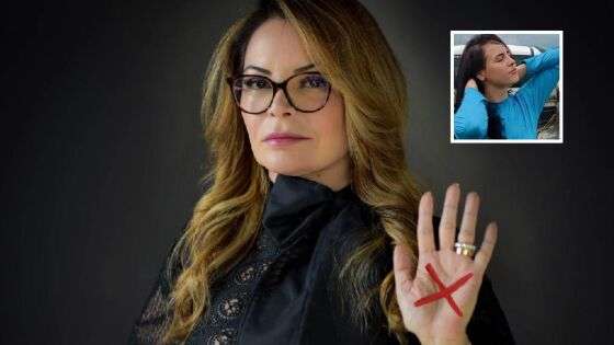 Primeira-dama, Virginia Mendes, com o sinal "X" desenhado na palma da mão, que serve para sinalizar pedidos de socorro para mulheres vítimas violência doméstica. Em destaque, no lado esquerdo, a produtora Raquel Cattani morta a facadas pelo