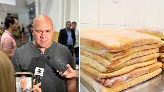 Na foto, o prefeito de Cuiabá, Abilio Brunini, ao lado do 'bolo quilométrico' distribuido em 2019 pela prefeitura 
