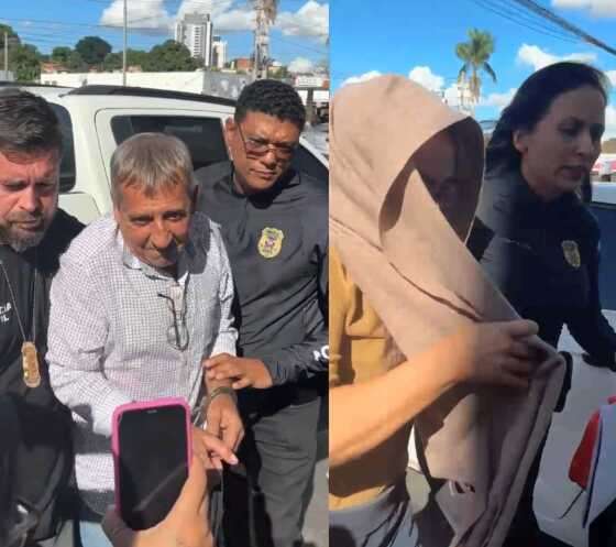 O casal Cesar Jorge Sechi e Julinere Goulart Bastos durante a chegada na DHPP, em Cuiabá.