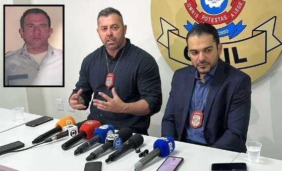 Os delegados de Polícia Civil, Bruno Abreu e Caio Albuquerque, da DHPP de Cuiabá. No detalhe, o sargento PM Heron Teixeira, apontado como intermediário do crime.