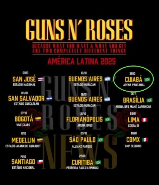 Página de fãs anuncia Guns N’ Roses em Cuiabá 2025